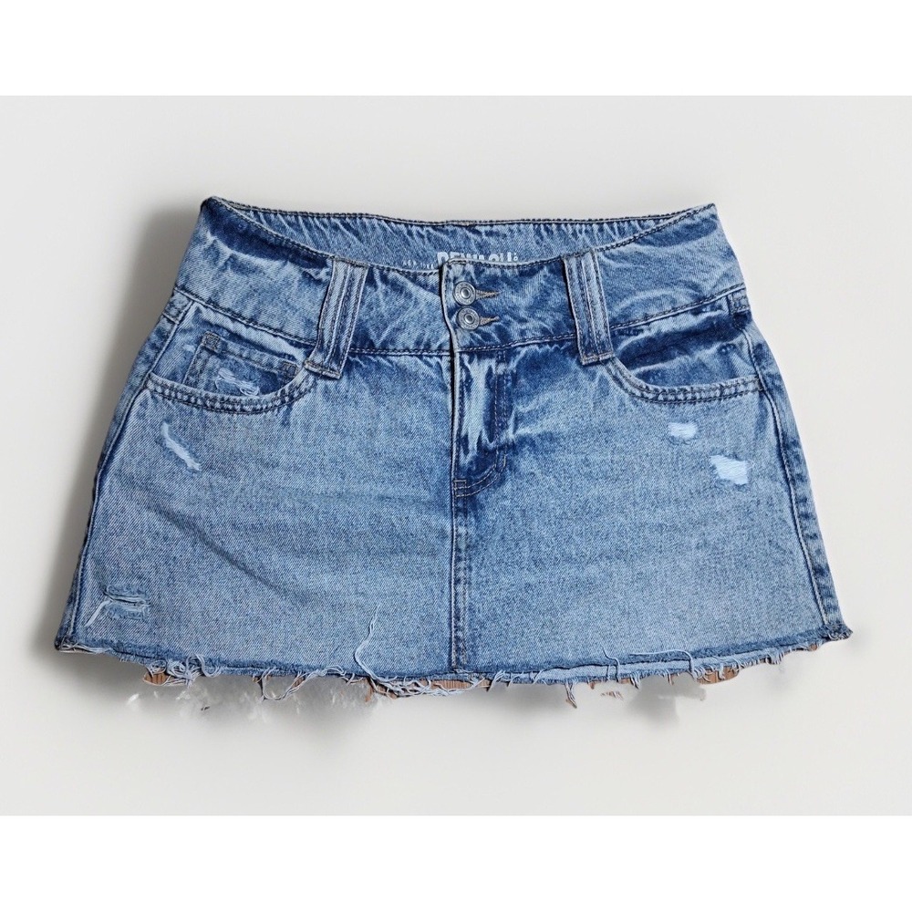 Rewash Womens Distressed Denim Mini Skirt Light Wash Raw Hem Size 3/26